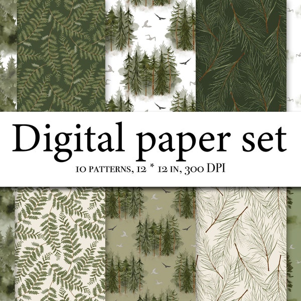 Watercolor Forest Digital Paper Set - Forest landscape paper - Seamless pattern - Watercolor Trees - Deer Mountain - Watercolor pine 145