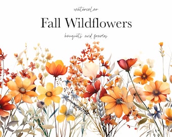 Watercolor Floral Clipart - Watercolor Autumn flowers - Fall Wildflowers clipart png - Floral border - Wedding clipart brown neutral flowers