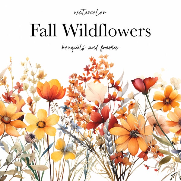 Watercolor Floral Clipart - Watercolor Autumn flowers - Fall Wildflowers clipart png - Floral border - Wedding clipart brown neutral flowers