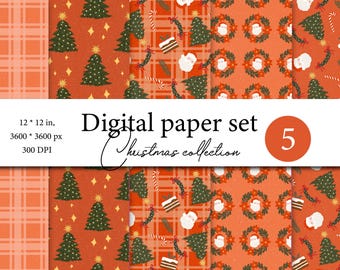 May include: Set of five digital Christmas paper patterns. The patterns feature a red background with various Christmas designs, including plaid, trees, wreaths, and candy canes. The text "Digital paper set Christmas collection 5" is displayed on a white banner.