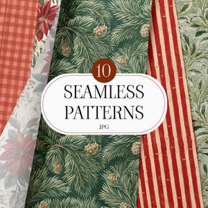 May include: A collection of 10 seamless patterns in JPG format featuring various designs including a red gingham check, poinsettia flowers, green pine branches with pinecones, red and white vertical stripes, and a green leafy botanical print.