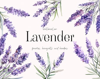 Acuarela Lavanda Floral Clipart - Bordes de lavanda - Corona de lavanda png - Clipart de lavanda acuarela para invitaciones - Ramos de lavanda