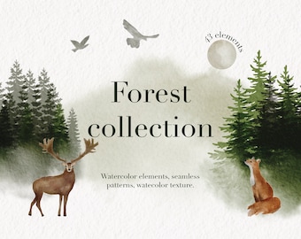 Aquarel Forest Digital Clipart Set - Boslandschap clipart - Floral Element - Aquarel Bomen - Hertenberg - Aquarel grenen