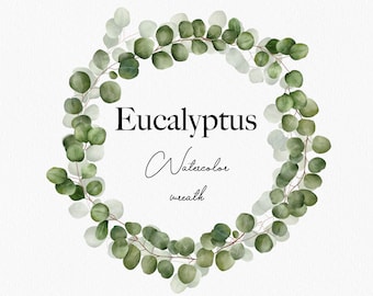 May include: A watercolor wreath made of eucalyptus leaves. The wreath is green and has a white background. The text "Eucalyptus Watercolor wreath" is written in the center of the wreath.