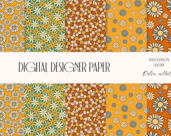 Patroon clipart met retro digitaal papier - 70s Retro achtergrond digitale print - Naadloze bloemmotief - Naadloze textuur - Digitaal papier