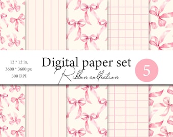 Set di motivi senza cuciture con fiocchi di nastro rosa, fiocco acquerello, strisce a quadretti Gingham, sfondo con fiocchi rosa, carta digitale rosa pastello