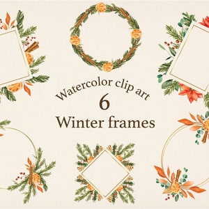 Molduras de inverno douradas em aquarela Clipart - Moldura de Natal em aquarela - Moldura festiva em aquarela - Moldura de férias PNG clipart