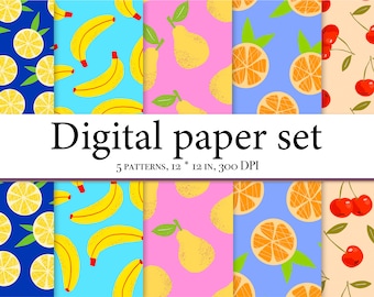 May include: A set of five digital paper patterns featuring various fruits, including lemons, bananas, pears, oranges, and cherries. The patterns are in bright colors and are perfect for crafting and design projects.