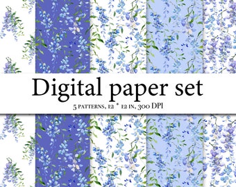 Pacchetto di carta digitale acquerello, album di glicine, motivo senza cuciture di ortensie, clipart senza cuciture con glicine, sfondo floreale