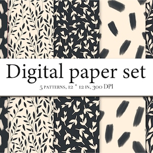 Muster Clipart Pinsel Tinte moderne botanische Papier printable - digitaler Download Papiere - Blumenhintergrund - Blumenpapiere in schwarz und weiß