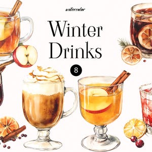 水彩冬のドリンク クリップアート コレクション - クリスマス水彩クリップアート - クリスマスドリンク - クリスマスカード クリップアート - ドリンク クリップアート