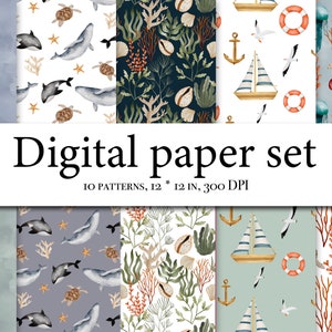 Meer Digitales Papier-Unterwasser Ozean - Boot Aquarelle - Leuchtturm - Nahtlose Oberflächenmuster - Stoff Design - Scrapbook Papier