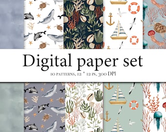 Sea Digital Paper-Underwater Ocean - Boat watercolors - Lighthouse - Seamless Surface Patterns - Fabric design - Scrapbook paper