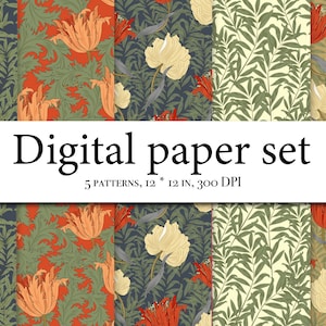 William Morris Digital Paper, William Morris Seamless Pattern, Botanical Floral Patterns, Victorian Digital Papers, Arts and Crafts Movement
