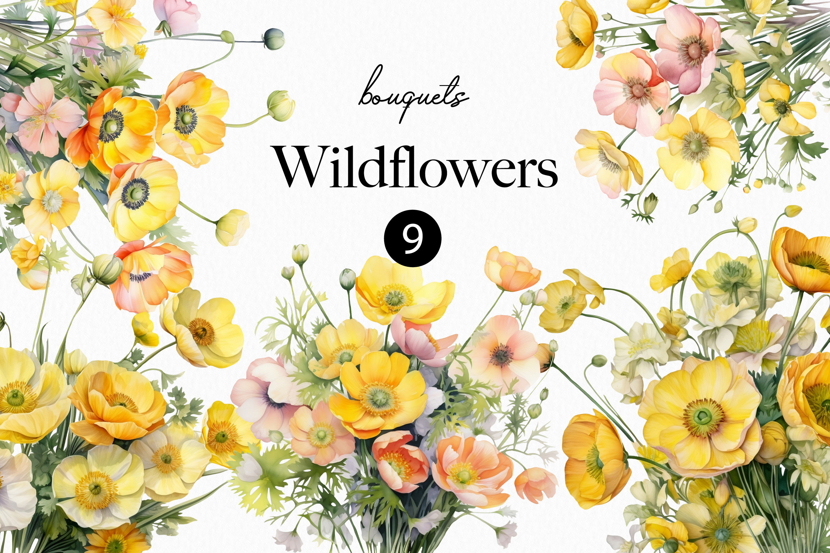 Wildflowers Watercolor Floral Bouquets , Wild Flowers, Wedding Clipart ...