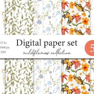 Jentle Wildflowers Aesthetics Digital Paper, Meadow Aquarelle Flowers, Tiny Bloom Digital Paper, Seamless Patterns, Watercolor Paper Set