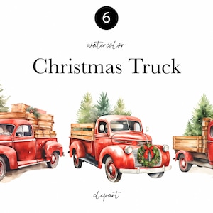 Watercolor Christmas Clipart - Watercolor Red Truck with Christmas Tree - Christmas Clipart PNG - Vintage Christmas car - Christmas truck