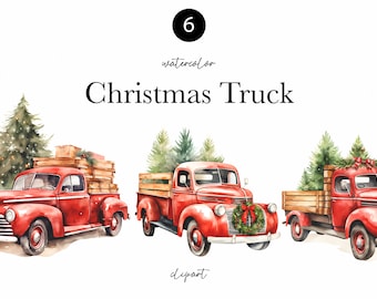 Akvarell jul Clipart - Akvarell röd lastbil med julgran - Jul Clipart PNG - Vintage julbil - Jullastbil