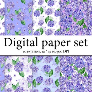 Watercolor  digital paper pack, hydrangea scrapbook,  hydrangea seamless pattern, seamless pattern clipart with hydrangeas,floral background