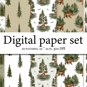 Set di carta digitale foresta acquerello - Carta paesaggio forestale - Modello senza cuciture - Alberi acquerello - Montagna dei cervi - Pino acquerello 145