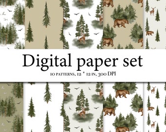 Aquarel bos digitale papierset - boslandschap papier - naadloos patroon - aquarel bomen - hertenberg - aquarel dennen 145