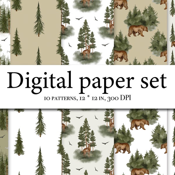 Watercolor Forest Digital Paper Set - Forest landscape paper - Seamless pattern - Watercolor Trees - Deer Mountain - Watercolor pine 145