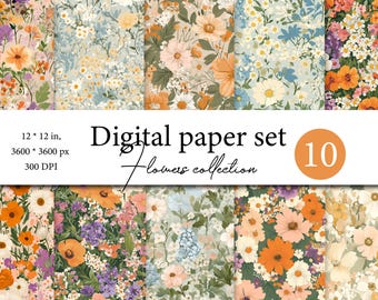 Papéis digitais sem costura de flores, papel para scrapbook de flores, pacote de papel digital floral vintage, padrões botânicos, boho fofo