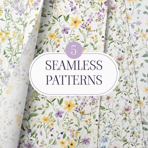 May include: Five seamless floral patterns featuring watercolor illustrations of delicate flowers in shades of yellow, purple, and blue on a white background.