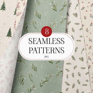 Puede incluir: Una selección de ocho patrones sin costuras, con árboles de Navidad, ramitas florales y bayas. Los patrones son en tonos de verde, blanco y beige. La imagen incluye el texto "8 Seamless Patterns JPG".