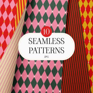 Może przedstawiać: Kolekcja dziesięciu bezszwowych wzorów w różnych wzorach. Wzory obejmują czerwone i różowe romby, różowe i zielone romby oraz czerwono-zielone paski. Obraz zawiera również tekst "10 SEAMLESS PATTERNS JPG".