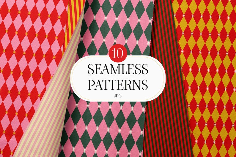 Op de afbeelding: Een verzameling van tien naadloze patronen in verschillende ontwerpen. De patronen omvatten rode en roze ruiten, roze en groene ruiten en rood-groene strepen. De afbeelding bevat ook de tekst "10 SEAMLESS PATTERNS JPG".