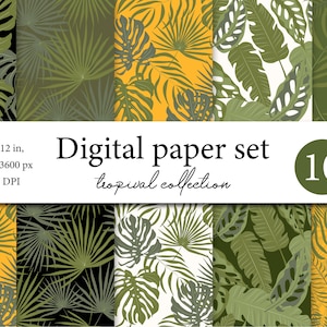 Helles Tropisches Digital Paper Pack - Tropisches Nahtloses Muster mit Blättern - Palmengrün - Monsterablätter - Exotisches Digital Paper Palm