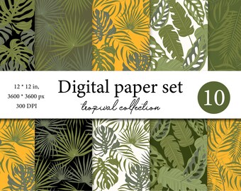 Bright Tropical Digital Paper Pack - Tropic Seamless Pattern with Leaves - Palm Greenery - Monstera Leaves - Exotic Digital Paper Palm