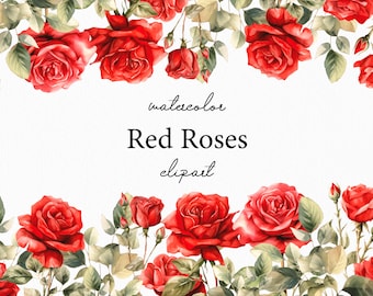 Watercolor Red Roses Clipart - Watercolor Floral clipart - Red rose flowers bouquets clipart png - Rose set png  Digital clipart PNG 014