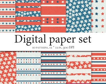 Pacchetto di carta digitale del 4 luglio - Modelli del giorno dell'indipendenza - Sfondo bandiera USA - Stelle e strisce - Rosso bianco e blu - Uso commerciale. 140
