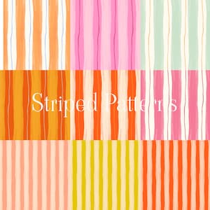 May include: A selection of vibrant striped patterns in shades of orange, pink, and yellow. The image showcases vertical stripes with a hand-painted style. The text "Striped Patterns" is displayed in the centre of the image.