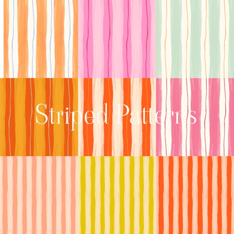 May include: A selection of vibrant striped patterns in shades of orange, pink, and yellow. The image showcases vertical stripes with a hand-painted style. The text "Striped Patterns" is displayed in the centre of the image.