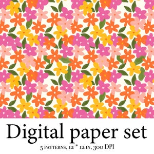 K&ouml;nnte beinhalten: Ein digitales Papierset mit f&uuml;nf Mustern, die eine nahtlose Wiederholung von rosa, orangefarbenen und gelben Blumen auf wei&szlig;em Hintergrund zeigen. Die Muster sind 30,48 cm x 30,48 cm gro&szlig; und haben eine Aufl&ouml;sung von 300 DPI.