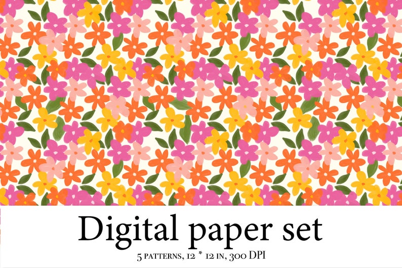 K&ouml;nnte beinhalten: Ein digitales Papierset mit f&uuml;nf Mustern, die eine nahtlose Wiederholung von rosa, orangefarbenen und gelben Blumen auf wei&szlig;em Hintergrund zeigen. Die Muster sind 30,48 cm x 30,48 cm gro&szlig; und haben eine Aufl&ouml;sung von 300 DPI.