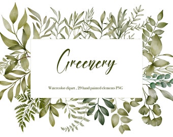 Puede incluir: Clipart de acuarela con 29 elementos de vegetación pintados a mano en tonos verdes. La imagen incluye hojas, ramas y helechos. El texto "Greenery" está escrito en letra cursiva.