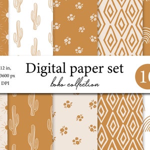 May include: A set of 10 digital papers in a boho style with various patterns including suns, cacti, flowers, diamonds, and rainbows. The papers are 12 inches by 12 inches and 300 DPI.