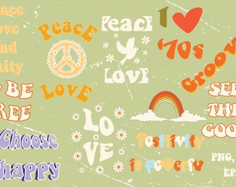 Retro citat clipart set, 70-talsstil retro PNG för T-shirts muggar, Groovy text sublimeringsdesign png, Vintage skjortdesign vektorfiler 007