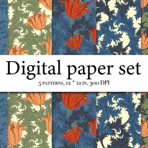 William Morris Digital Paper, William Morris Seamless Pattern, Botanical Floral Patterns, Victorian Digital Papers, Arts and Crafts Movement