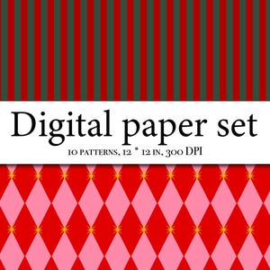 Op de afbeelding: Digitale papier set met diverse patronen. De afbeelding toont twee ontwerpen: een gestreept patroon in rood en groen, en een ruitpatroon in rood en roze met gele steraccenten. De tekst luidt "Digital paper set" en geeft afmetingen van 30,48 cm aan.