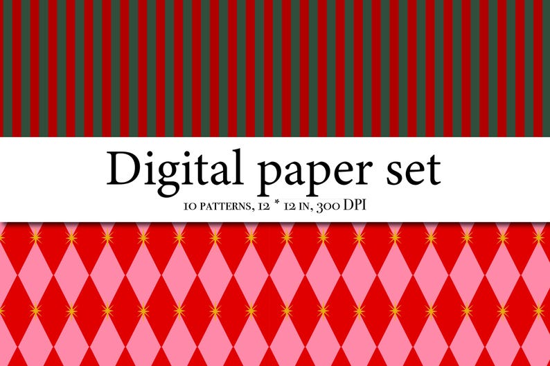 Op de afbeelding: Digitale papier set met diverse patronen. De afbeelding toont twee ontwerpen: een gestreept patroon in rood en groen, en een ruitpatroon in rood en roze met gele steraccenten. De tekst luidt "Digital paper set" en geeft afmetingen van 30,48 cm aan.