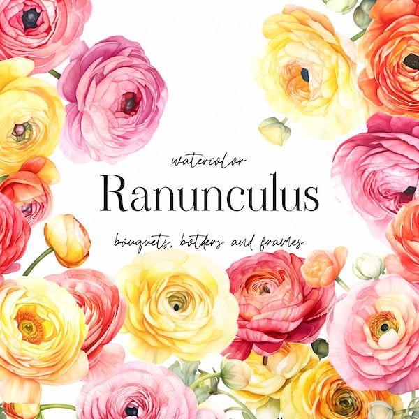 Watercolor Ranunculus Clipart - Wildflower Clipart - Beautiful Watercolor Ranunculus Bouquets Clipart for Craft Projects