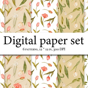 Aquarell Tulpen digitales Papier, Tulpen nahtlose Muster, Frühling digitales Papier, Frühling Tulpen, Blumenmuster, Hochzeit, Aquarell Blumen