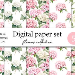Watercolor pink digital paper pack, hydrangea scrapbook, hydrangea seamless pattern,  pattern clipart with hydrangeas, floral background 012