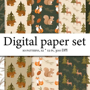 Winter Digital Paper - Cute Digital Paper - Holiday Digital Paper - Merry Christmas - Forest Paper - Woodland Seamless Pattern