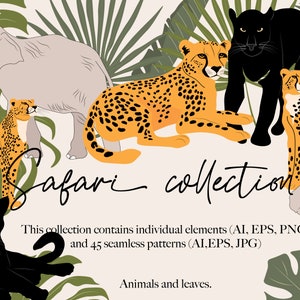 May include: A digital illustration of a safari collection featuring a cheetah, an elephant, and a panther. The animals are surrounded by tropical leaves. The text "Safari Collection" is written in cursive.